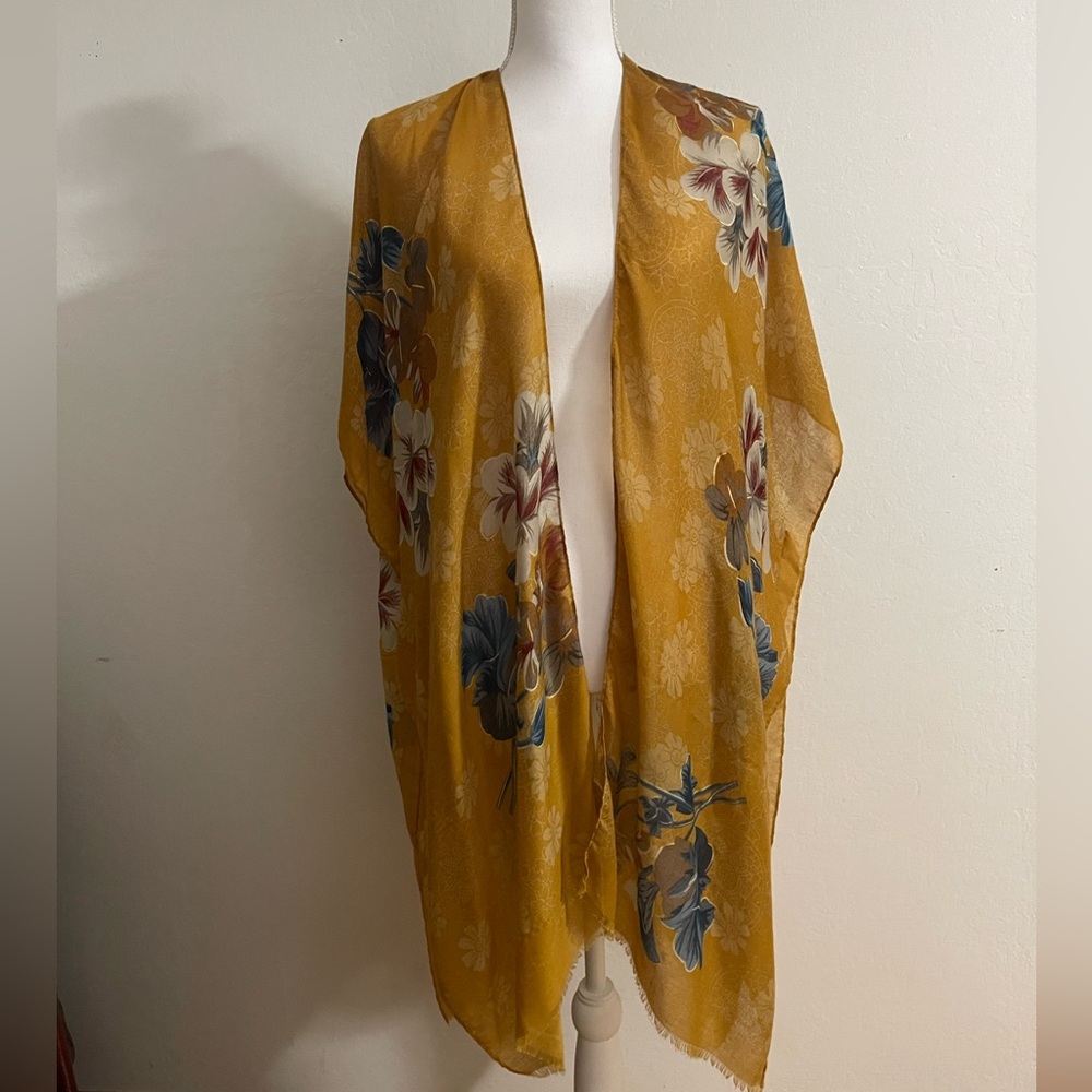 WOVEN HEART Floral Mustard Semi-Sheer Kimono